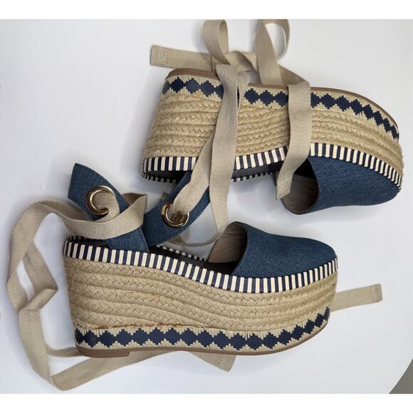 Tory Burch Shoes - TORY BURCH DANDY Espadrille Platform SZ 6.5M Blue Jean Ankle Wrap Sandals